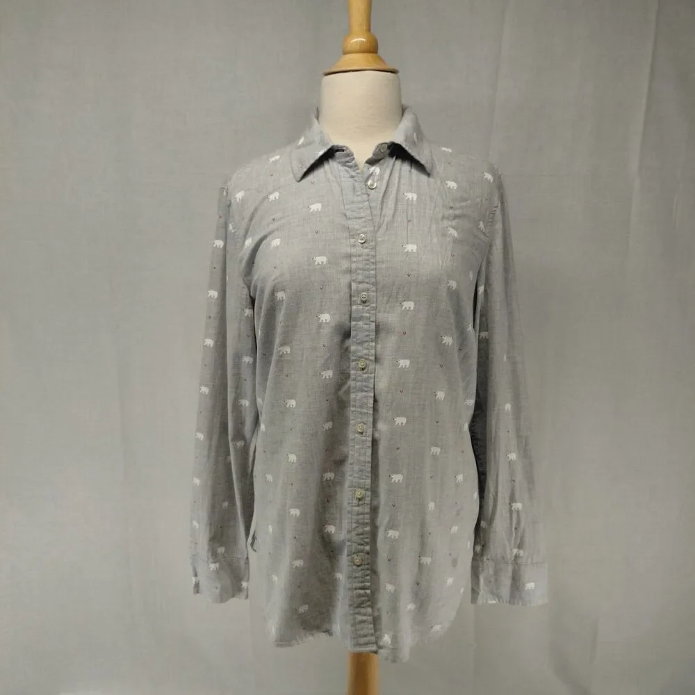 Talbots LS Polar Bear Button-Up Shirt 100% Cotton Light Gray Size Large - Picture 1 of 8